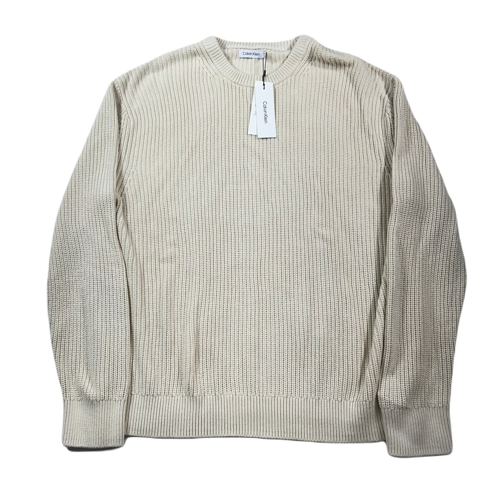 Calvin‎ Klein Crewneck Sweater Mens 2XL White Desert Sand Chunky Pullover $118